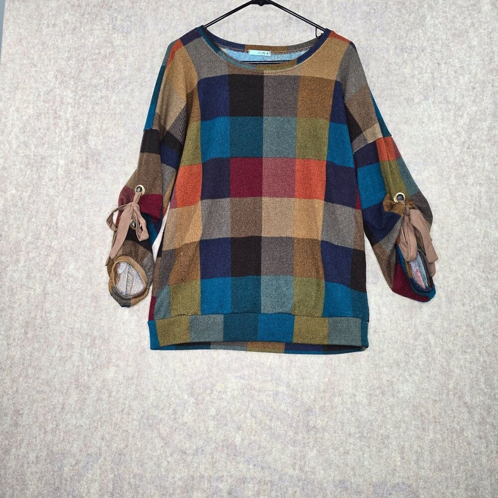 P.S. Kate Multicolor Plaid Sweater With Bow Sleeve Details Size M